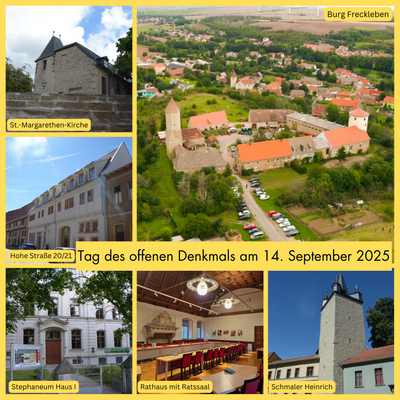 Bild vergrößern: Collage mit Bild der Burg Freckleben, Margarethenkirche und anderen Gebude in Aschersleben