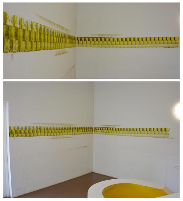 Bild vergrößern: Andreas Bausch "o.T.", 2020
Wandbild
permanente Installation im Bestehornpark Aschersleben
Pigmente auf Beton, 630x93 cm 

Ort: Treppenhaus Kopfbau, zwischen 1. und 2. Etage