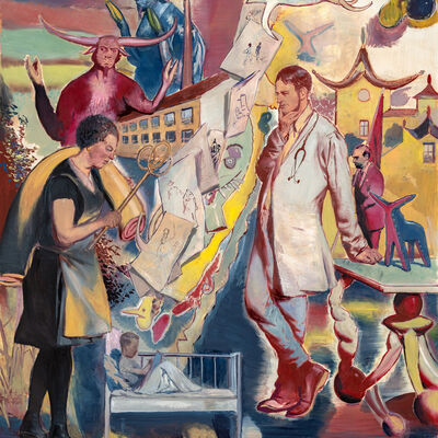 Neo Rauch, Dämonen, 2025, Öl auf Papier, 240 x 196 cm; Courtesy Galerie EIGEN + ART, Leipzig, Berlin; David Zwirner; Foto Uwe Walter, Berlin; © Neo Rauch, VG Bild-Kunst, Bonn 2025